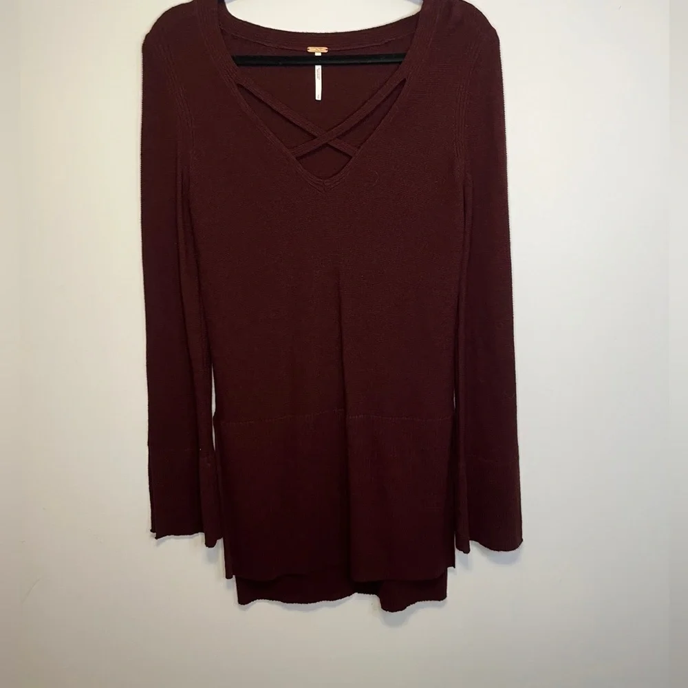 Free People Burgundy Criss Cross Sweater Tunic Sz S